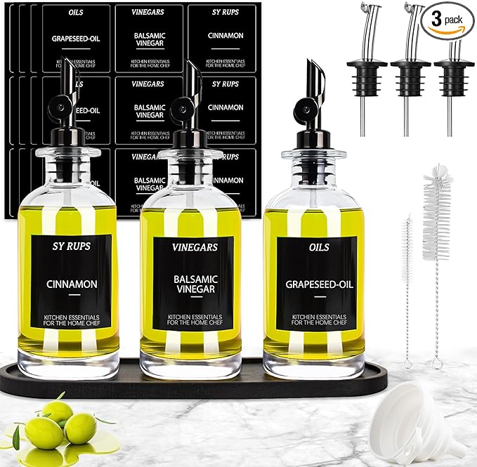 3PCS Olive Oil Dispenser Bottle For Kitchen, Soy Sauce Dispenser, Glass Oil and Vinegar Dispenser Set W. Wooden Tray & Labels & 3 Replacement Spouts, Coffee Syrup Dispenser-CasaMuseHome