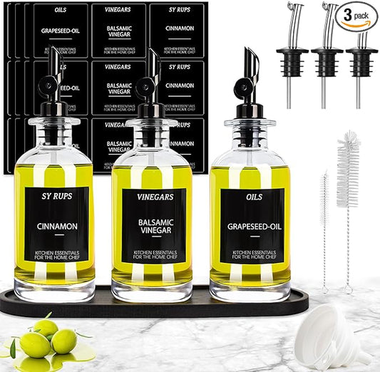 3PCS Olive Oil Dispenser Bottle For Kitchen, Soy Sauce Dispenser, Glass Oil and Vinegar Dispenser Set W. Wooden Tray & Labels & 3 Replacement Spouts, Coffee Syrup Dispenser-CasaMuseHome
