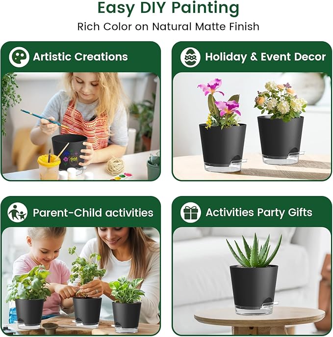 6 inch Self Watering Pots for Indoor Outdoor Plants, 3 Pack Flower Plant Pots with Drainage Holes and Clear Reservoirs, Visible Water Level, Plastic Planters with Wicking Rope, Black-CasaMuseHome