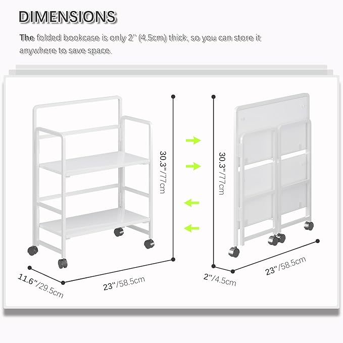 4NM 2 Tiers No-Assembly Folding Bookshelf with Wheels, Portable Rolling Storage Bookcase & Compact Side Table for Living Room, Bedroom, Kitchen, Bathroom (All White)-CasaMuseHome