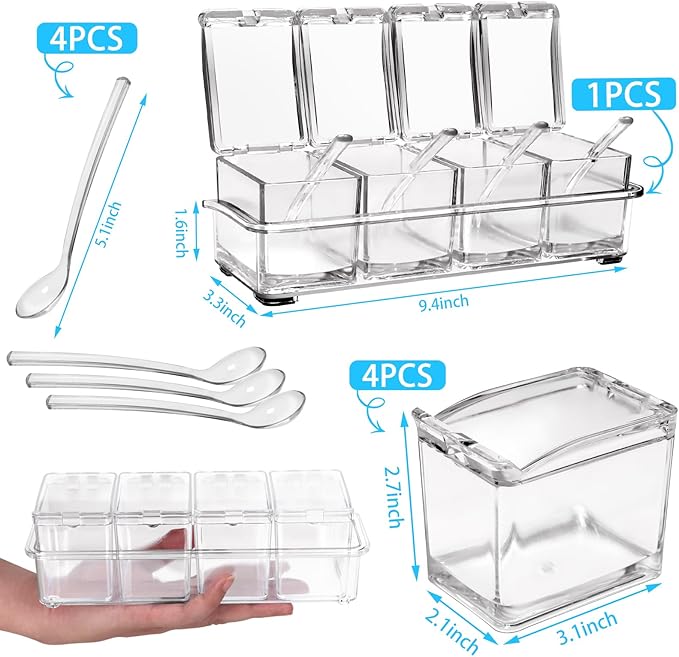 4-Cell Clear Seasoning Rack Spice Box, Storage Container Condiment Jars Acrylic Seasoning Box with Cover and Spoon (Enhanced Version Clear)-CasaMuseHome