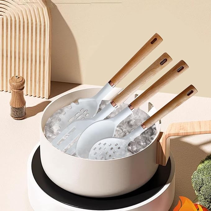 13-Piece silicone utensil set wood handle nonstick cookware safe dishwasher safe kitchen tools BPA free heat resistant (450°F/230°C) ceramic pan safe cooking gifts housewarming (White)-CasaMuseHome
