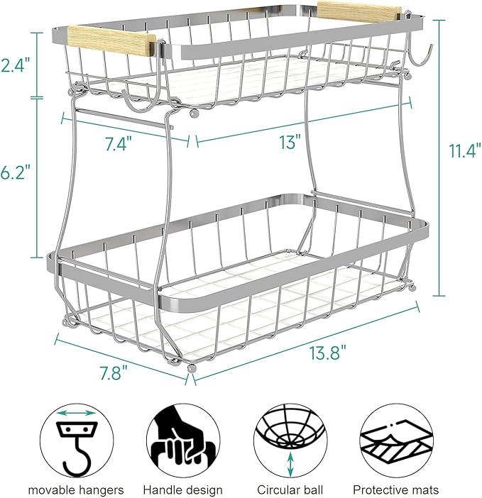 2 Tier Fruit Basket for Kitchen Counter with 2 Banana Hangers, 2025 Pro Detachable Metal Fruit Bowl with Wooden Handle,Fruit Holder for Bread Snack Veggies, Silvery-CasaMuseHome