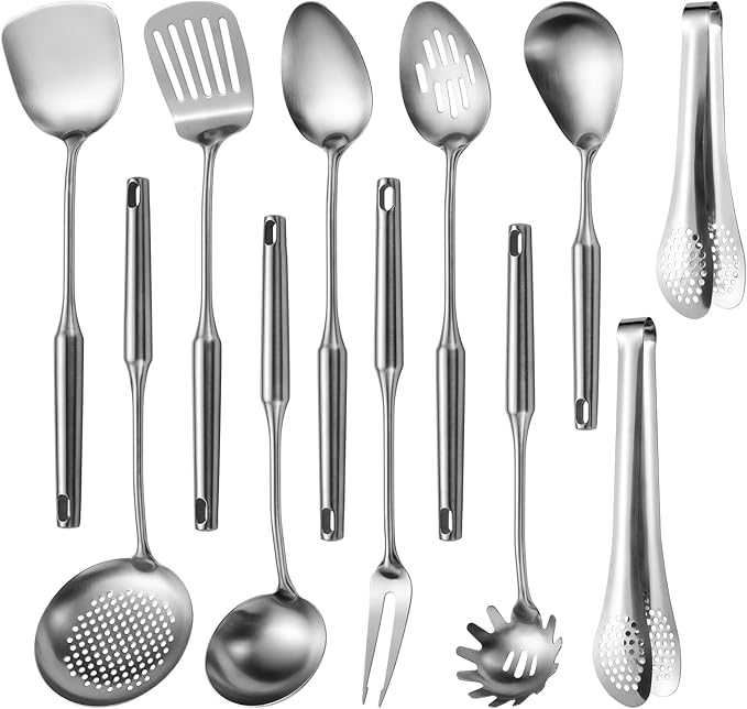 304 Stainlss Steel Kitchen Utensils Set, 11 Pcs Long Metal Cooking Utensil Gadgets Tools Set with Spatula, Ladle, Spoon, Ladle, Skimmer, Tunner, Pasta Server, Tongs(Silver, Dishwasher Safe)-CasaMuseHome