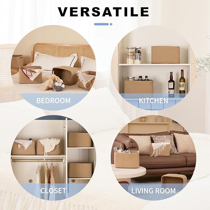 4 Pack Storage Baskets for Organizing, Woven Baskets for Shelves - Perfect for Toys, Books, Towels, and Clothes, Durable Gift Basket Bins Toy Storage, 12.7''L x9''W x7.8''H, Jute-CasaMuseHome