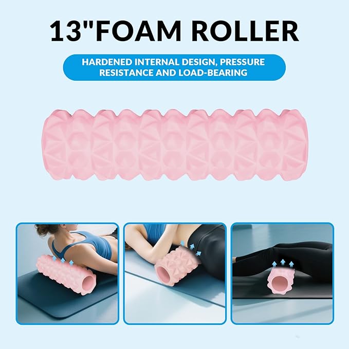 7 in 1 Foam Roller,Products Include Foam shafts,Muscle Roller Bars,Leg Massagers,Fascia Balls,Stretch Bands,8-Shaped Resistance Bands,are Used for Full-Body Relax,Yoga(White Pink Blue) (Pink)-CasaMuseHome