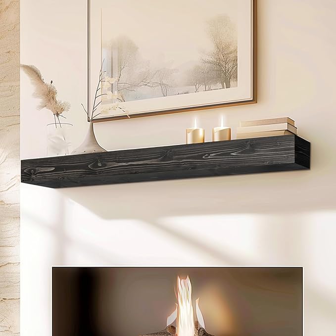 48x8x5 Fireplace Mantel - Handcrafted Hollow Rustic Solid Wood Wall Mounted Floating Shelf with Invisible Heavy Duty Wood Bracket (Weathered Black)-CasaMuseHome