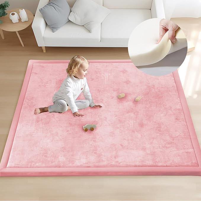 ACOMOPACK Baby Play Mat for Floor 1.3" Thick Memory Foam 50x50 Soft Velvet Playpen Mat for Kids,Infants,Toddlers,Tummy Time Crawling Mats with Non-Slip Bottom,Yoga,Tatami,Nursery Rug（Pink）-CasaMuseHome