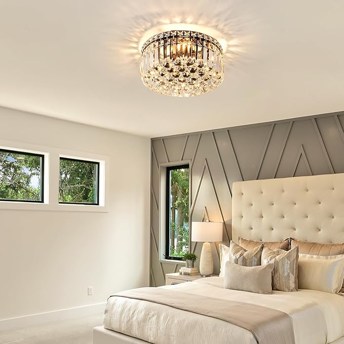 4-Light Black Crystal Chandeliers Flush Mount Chandelier Light Fixture with K9 Crystals Modern Ceiling Lights Elegant Round Lamp for Bedroom,Hallway,Bar,Living Room,Dining Room,H5.9 xW13.7-CasaMuseHome