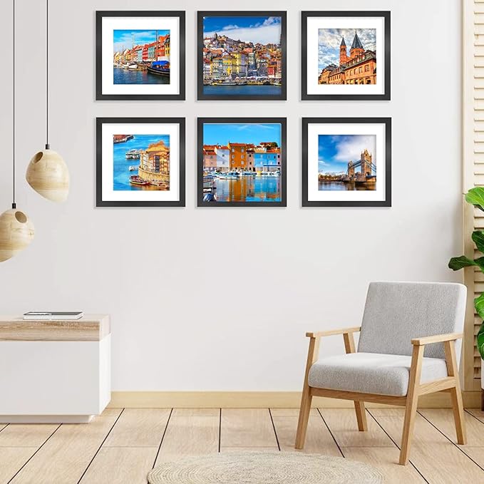 12x12 Picture Frame Set of 6, Display Pictures 8x8 with Mat or 12x12 Without Mat for Wall Mounting,Black-CasaMuseHome
