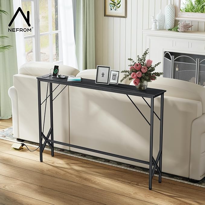 47.2'' Console Table, Skinny Entryway Table with Fast-Charging Station, Narrow Long Sofa Table, Behind Slim Couch Table for Entrance, Hallway, Living Room Decor ST-BK120-1-CasaMuseHome
