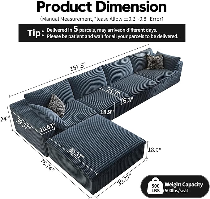 157.5" Cloud Couch Modular Sectional Sofa for Living Room,Modern Sofa with Deep Seat，L-Shape Boneless Couch with Ottoman,Comfy Upholstered Corduroy Couches for Apartment, Studio, Office,Bedroom，Blue-CasaMuseHome