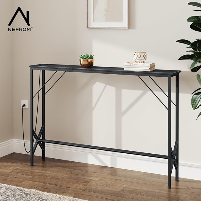 47.2'' Console Table, Skinny Entryway Table with Fast-Charging Station, Narrow Long Sofa Table, Behind Slim Couch Table for Entrance, Hallway, Living Room Decor ST-BK120-1-CasaMuseHome