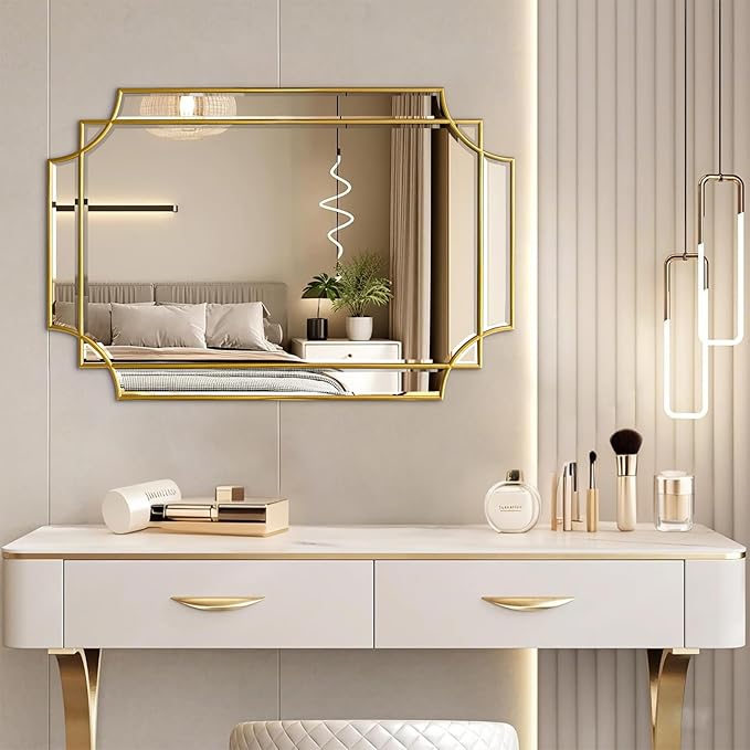 30x20 Inch Gold Bathroom Mirror, Wooden Frame with Scalloped Polished Beveled Glass, Modern Art Wall Decor for Vanity, Irregular Rectangle Mirror for Bedroom, Living Room, Fireplace & Entryway-CasaMuseHome