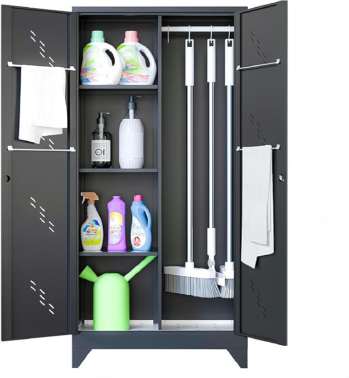 71" Broom Closet Cabinet with Hanging Rod, Tall Black Metal Storage Cabinet for Bathroom, Utility Room, and Garage-CasaMuseHome