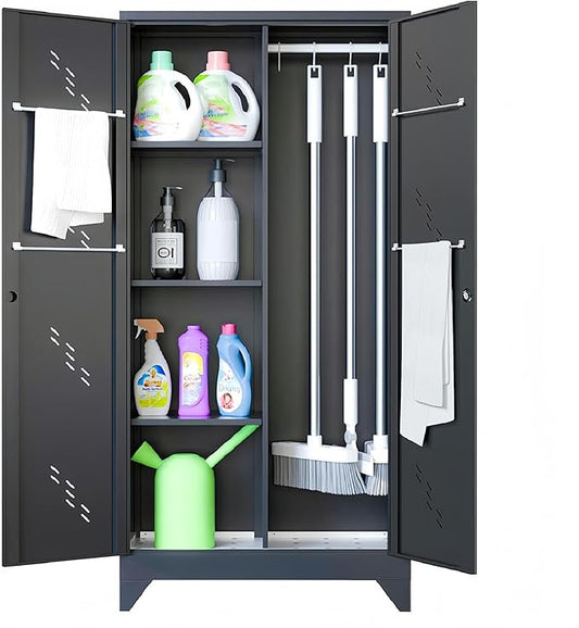 71" Broom Closet Cabinet with Hanging Rod, Tall Black Metal Storage Cabinet for Bathroom, Utility Room, and Garage-CasaMuseHome