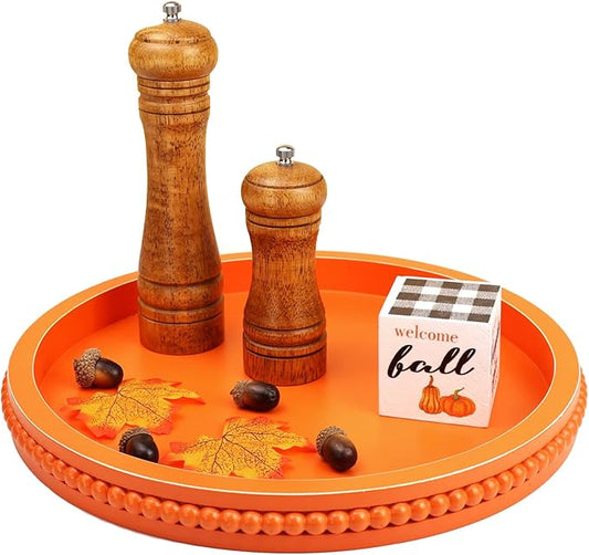 Round Orange Wood Serving Tray with Beads, Wooden Decorative Tray for Entertaining, Decoration, and Gifting,-CasaMuseHome
