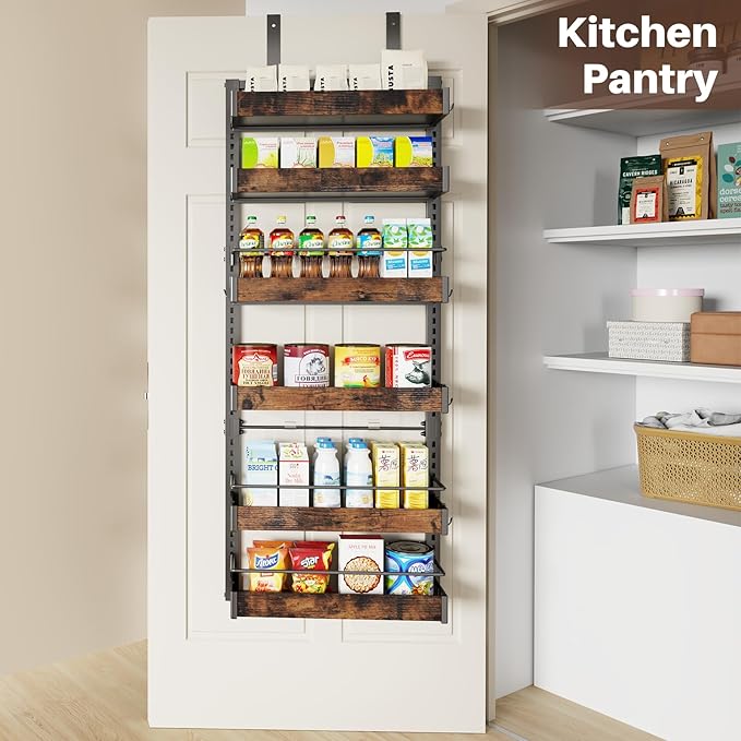 6 Tier Over The Door Pantry Organizer, 2 IN 1 Wall Mount or Metal Hanging Spice Rack for Pantry Organizers and Storage, Seasoning Shelves，Adjustable Basket with Hooks for Kitchen, Bathroom,Laundry-CasaMuseHome