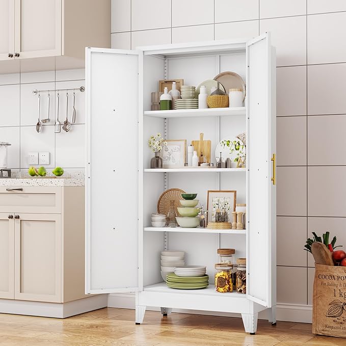 61" H Metal Kitchen Pantry Storage Cabinet, Freestanding Cupboard with 2 Doors and 3 Adjustable Shelves, Standing Storage for Kitchen, Bathroom, Garage, Dinning Room or Utility Room（White）-CasaMuseHome