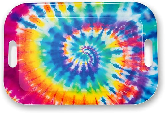 Serving Trays with Handles, 14.5 x 9.8 inch Rectangular Plastic Tray for Restaurant, Kitchen, Tie-Dye Colorful Spiral Patterns-CasaMuseHome