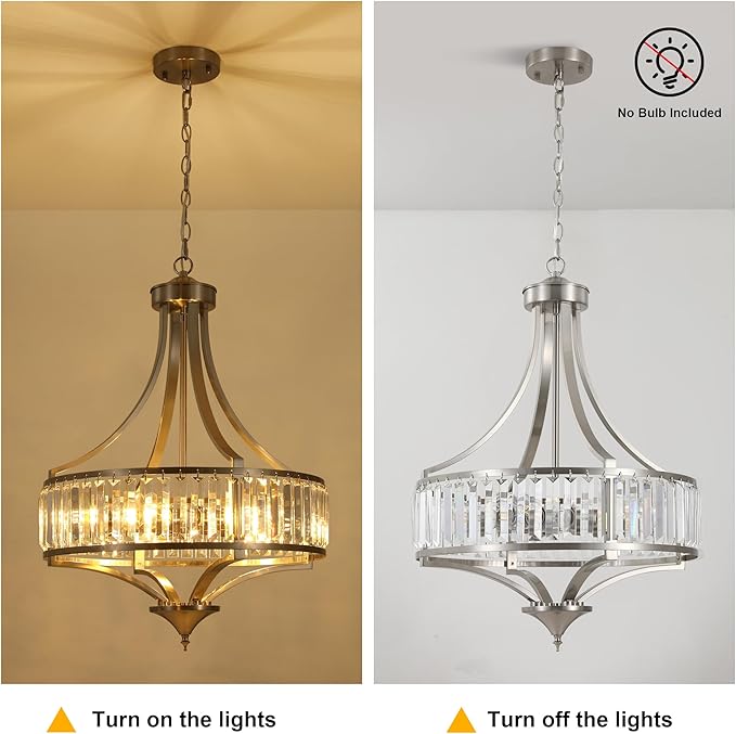 20" Brushed Nickel Chandeliers for Dining Room, 5-Light Modern Crystal Chandelier for Entryway, Hanging Round Light Fixture for Kitchen Island Living Room Bedroom Office Bathroom Staircase-CasaMuseHome