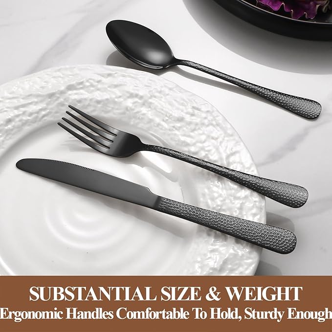 20 Pcs Black Silverware Set for 4 with Hammered Design, Food Grade Stainless Steel Flatware Set, Eating Utensils Sets Include Fork/Knife/Spoon, Cutlery Set, Dishwasher Safe-CasaMuseHome