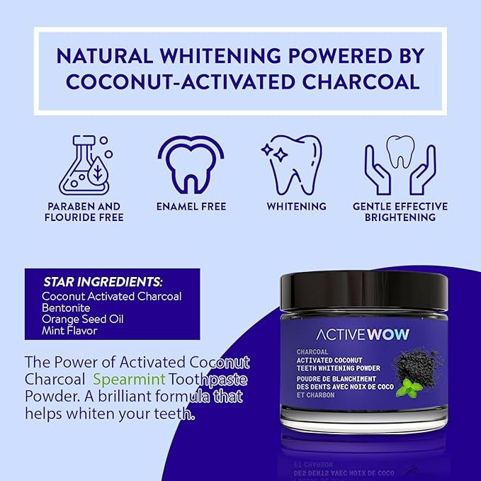 Active Wow Activated Coconut Charcoal Powder - Natural Whitening, Fluoride Free, Sulfate & Paraben Free, Spearmint Toothpaste Powder, 20g-CasaMuseHome