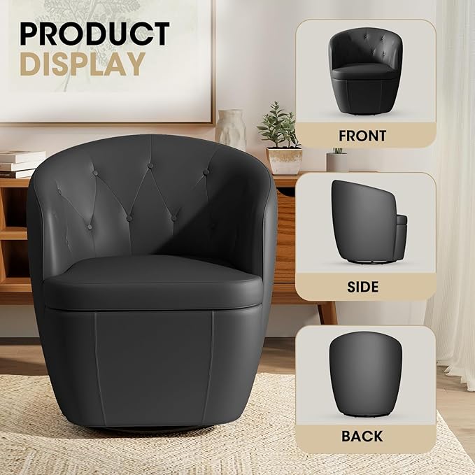 360° Swivel Leather Accent Chair, Modern Barrel Club Chair with Leather Upholstery and Sturdy Base, Comfortable Armchair for Living Room, Bedroom, Reading Nook, Brown-CasaMuseHome