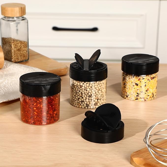 50 Pack 4.7 oz Plastic Spice Jars with Black Cap Empty Clear Plastic Spice Bottle Containers Reusable Seasoning Jars with Shaker Lids for Kitchen Storing and Dispensing Salt Powders-CasaMuseHome