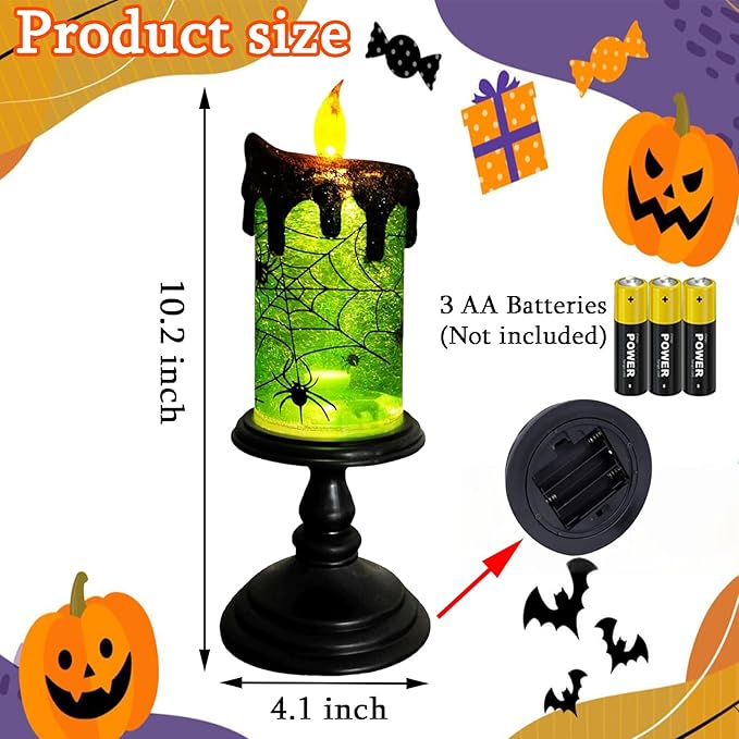 1.Halloween Snow Globe Tornado Flameless Candles Table Centerpiece for Celebration Party,Battery Operated LED Candle with 6 Hours Timer for Home Indoor Halloween Decoration (Spider)-CasaMuseHome