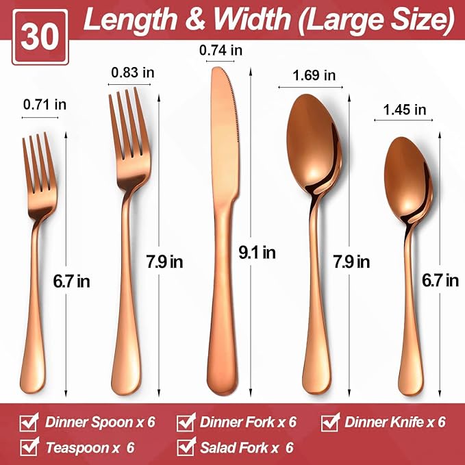 30 Pcs Rose Gold Silverware Set for 6, Food Grade Stainless Steel Flatware Set, Eating Utensils Sets Include Fork/Knife/Spoon,Home Kitchen Tableware Set, Reusable Cutlery Set, Dishwasher Safe-CasaMuseHome