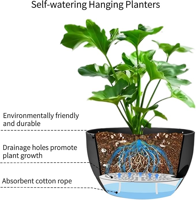 2 Pack Hanging Planters for Indoor Outdoor Plants, 12 Inch Self Watering Hanging Pot with Drainage Holes and Saucer, Plastic Plant Pots, Black Flower Pots for Kitchen, Balcony, Garden-CasaMuseHome