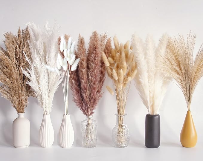 125 PCS Dried Pampas Grass Bouquet, Boho Table Decor, Bunny Tails Dried Flowers, Brown Pampas, White Pampas Grass for Weddings, Home Decor, Rustic Parties, and Baby Shower Decorations-CasaMuseHome
