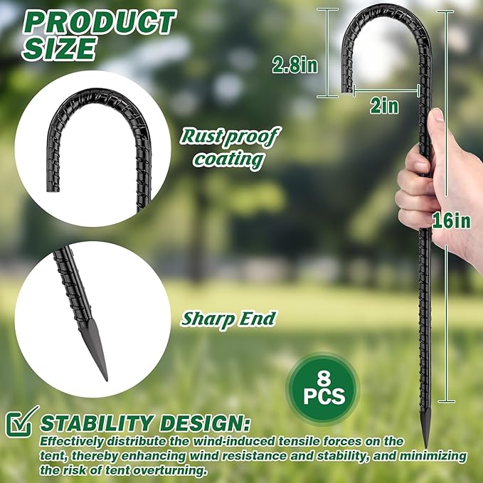 16 Inch Ground Stakes Heavy Duty,16 Pack Metal Fence Stakes for Ground for Wire Fencing,Heavy Duty Long Tent Stakes for Trampolines Camping Canopies and Swing Set-CasaMuseHome