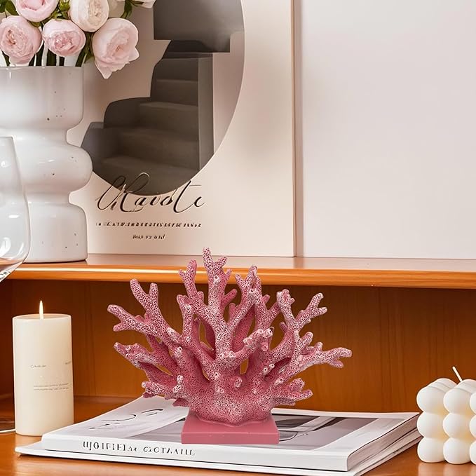 5.8" H Pink Coral Decor - Resin Coral Statue, Nautical Decor for Home, Bedroom, Bathroom, Living Room, Ocean Themed Cabinet Shelf Tabletop Decoration-CasaMuseHome