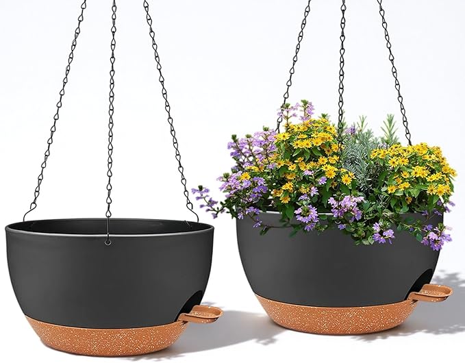 2 Pack 12 Inch Large Hanging Planters with Chains Self Watering Black Brown Plastic Hanging Pots for Indoor Outdoor Plants, Garden Porch Home Decor，Black Brown-CasaMuseHome