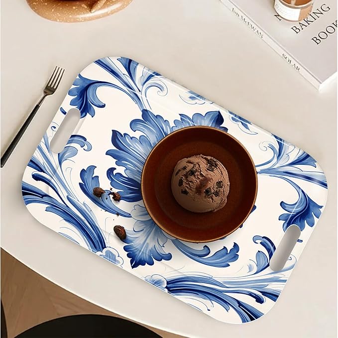 Serving Trays with Handles, 14.5 x 9.8 inch Rectangular Plastic Tray for Restaurant, Kitchen, Blue and White Pattern-CasaMuseHome