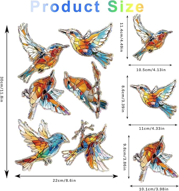 12pcs Window Decals for Bird Strikes, Anti Collision Window Clings, Rainbow Reflection Window Sticker, Hummingbird Style Sun Catcher Stickers for Glass Windows-CasaMuseHome