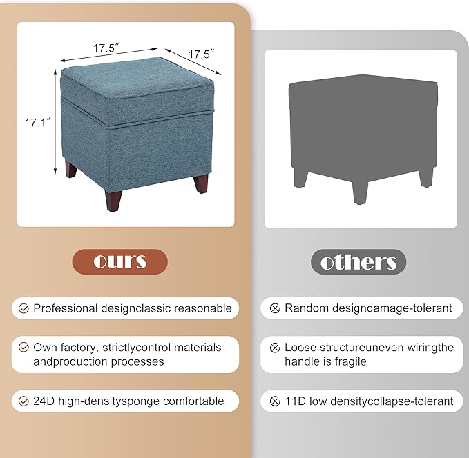 Adeco 17" Square Ottoman with Storage, Small Blue Storage Ottoman Foot Rest with Hinged Lid & Solid Wood Legs, Linen Fabric Foot Stool for Living Room & Bedroom-CasaMuseHome