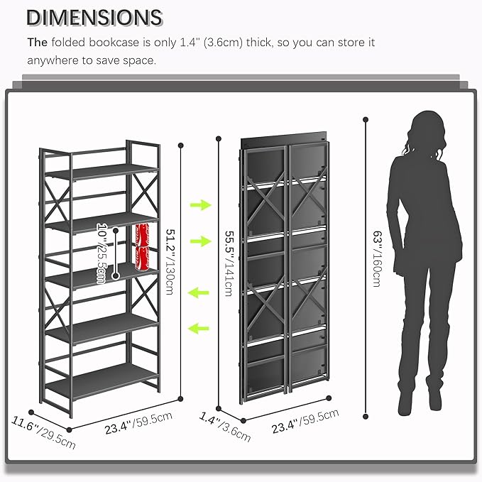4NM 5 Tiers No Assembly Book Shelves, 51.2" H Folding Bookshelf Bookcase Open Industrial Foldable Shelves for Bedroom, Living Room, Home Office - All Black-CasaMuseHome