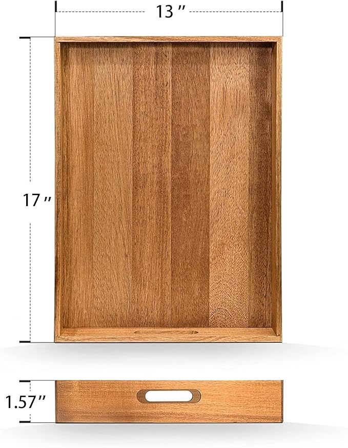 Acacia Wood Serving Tray with Handles Set of 2 – Decorative Serving Trays Platter for Breakfast in Bed, Lunch, Dinner, Patio, Ottoman, Coffee Table, BBQ, Party –Great for Lap &Couch-CasaMuseHome