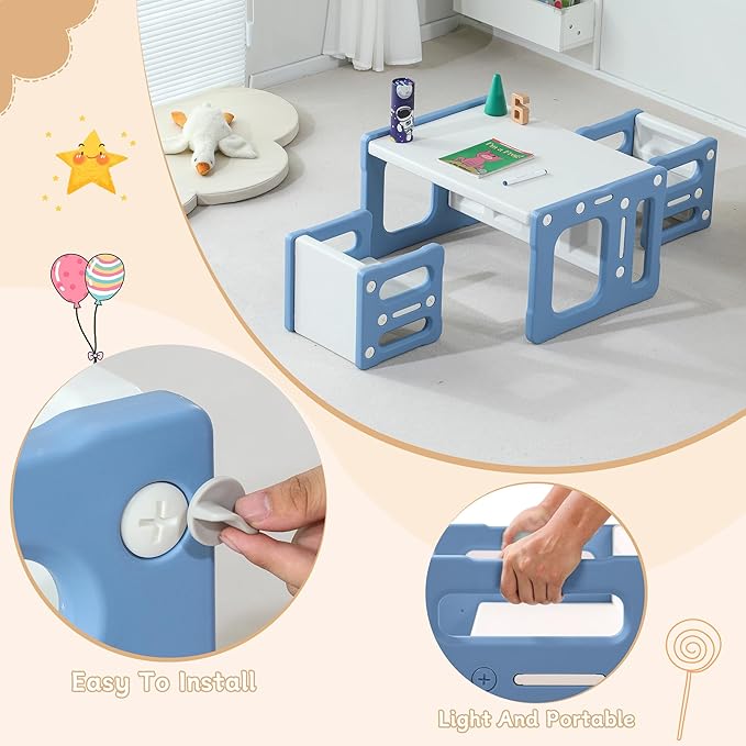 3 in 1 Montessori Weaning Table and 2 Chairs Set, Kids Activity Table Set, 2 Height Levels, Toddlers Activity Table for Drawing, Dining, Reading and Playing, Blue-CasaMuseHome