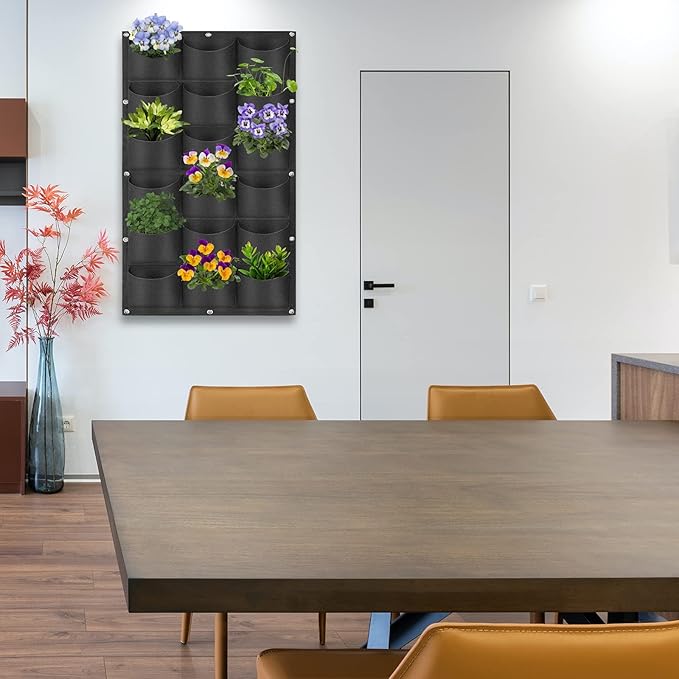 18 Pockets Hanging Planter Bags, Hanging Vertical Wall Mounted Plant Planting Grow Bags, Herb Garden Planter Outdoor Indoor Growing Bag, Gardening Vertical Greening Flower Container(1m×0.5m, Black)-CasaMuseHome