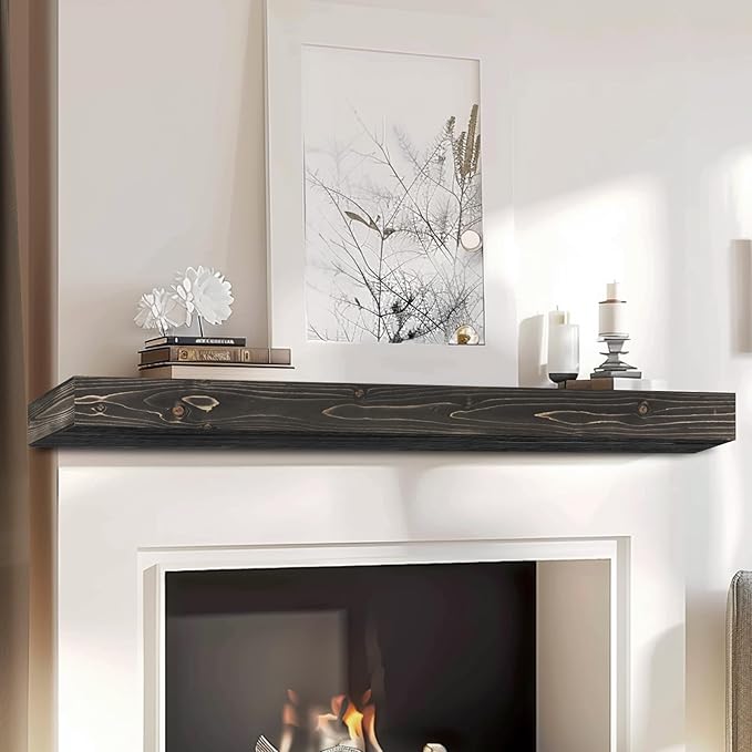 60x8x3 Fireplace Mantel - Handcrafted Hollow Rustic Solid Wood Wall Mounted Floating Shelf with Invisible Heavy Duty Wood Bracket (Weathered Black)-CasaMuseHome