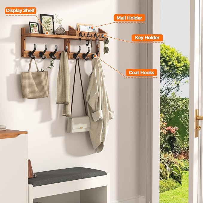 29" Coat Rack Wall Mount with Shelf, 4 in 1 Wall Mounted Coat and Key Hanger with 11 Hooks, Entryway Key Holder with Mail Holder for Living Room, Bedroom-CasaMuseHome