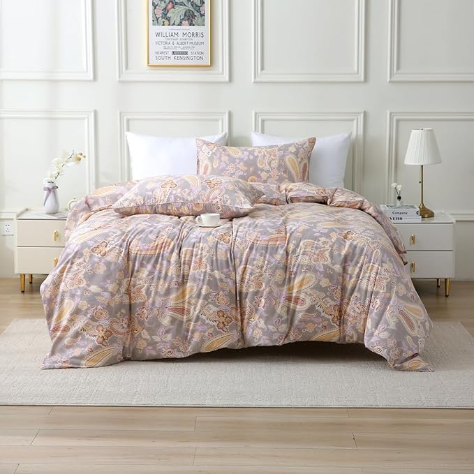 ABREEZE Paisley Bedding Sets 3Pcs Brushed Cotton Duvet Cover Set Queen Size Rustic Damask Gold Floral Comforter Cover with Zipper Closure Boho Bedding Collections-CasaMuseHome