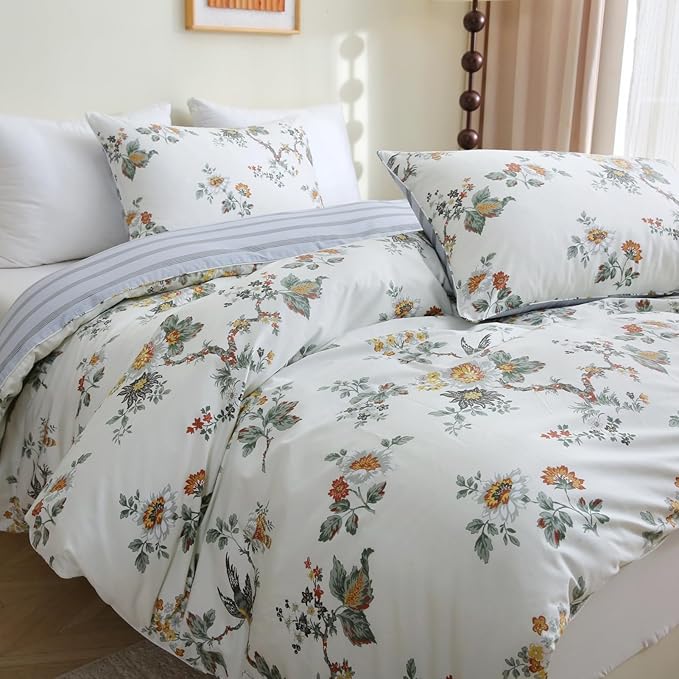 ABREEZE Floral Duvet Cover King Size Set Bird Flowers Bedding Set 100% Brushed Cotton Bedding Collection 1 Duvet Cover with 2 Pillowcases White-CasaMuseHome