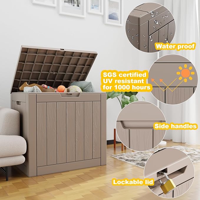 30 Gallon Outdoor Deck Box,Storage Lockable Waterproof Patio Furniture,Garden Tools,Cushions,Pool Accessories Outside Storage Resin Box(Grey)-CasaMuseHome