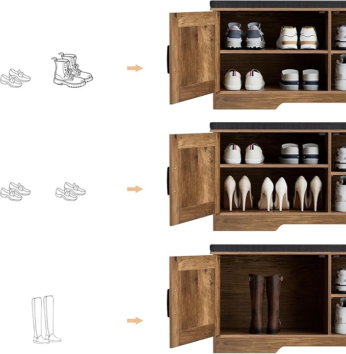 2-Tier Storage Bench, Shoe Bench with Padded Seat Cushion, Entryway Bench with 2 Barn Doors, Adjustable Shelf, 13.8" D x 39.4" W x 17.7" H, for Entryway, Living Room, Bedroom, Rustic Walnut-CasaMuseHome