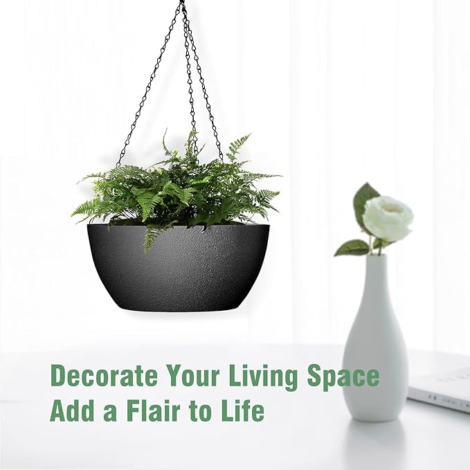 13 inch Large Hanging Planters Plant Pots for Outdoor Indoor Plants with Drainage Holes and Chain, 2 Pack Round Hanging Flower Pots for Garden Home Porch Decor, Black-CasaMuseHome